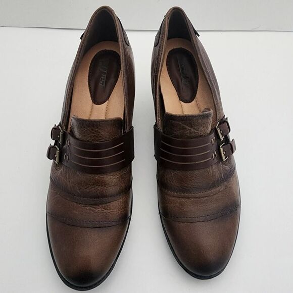 Earth Shoes Fir Pump Bootie Heels Double Monk Taupe Brown Leather size 10 B - Picture 2 of 9